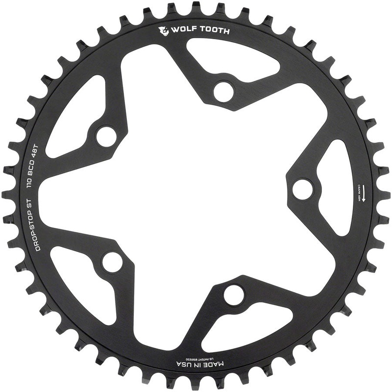 Wolf Tooth 110 BCD Gravel CX Road Chainring – 46t 110 BCD 5-Bolt Drop-Stop ST For Shimano HG+ KMC 12-Speed Chains BLK
